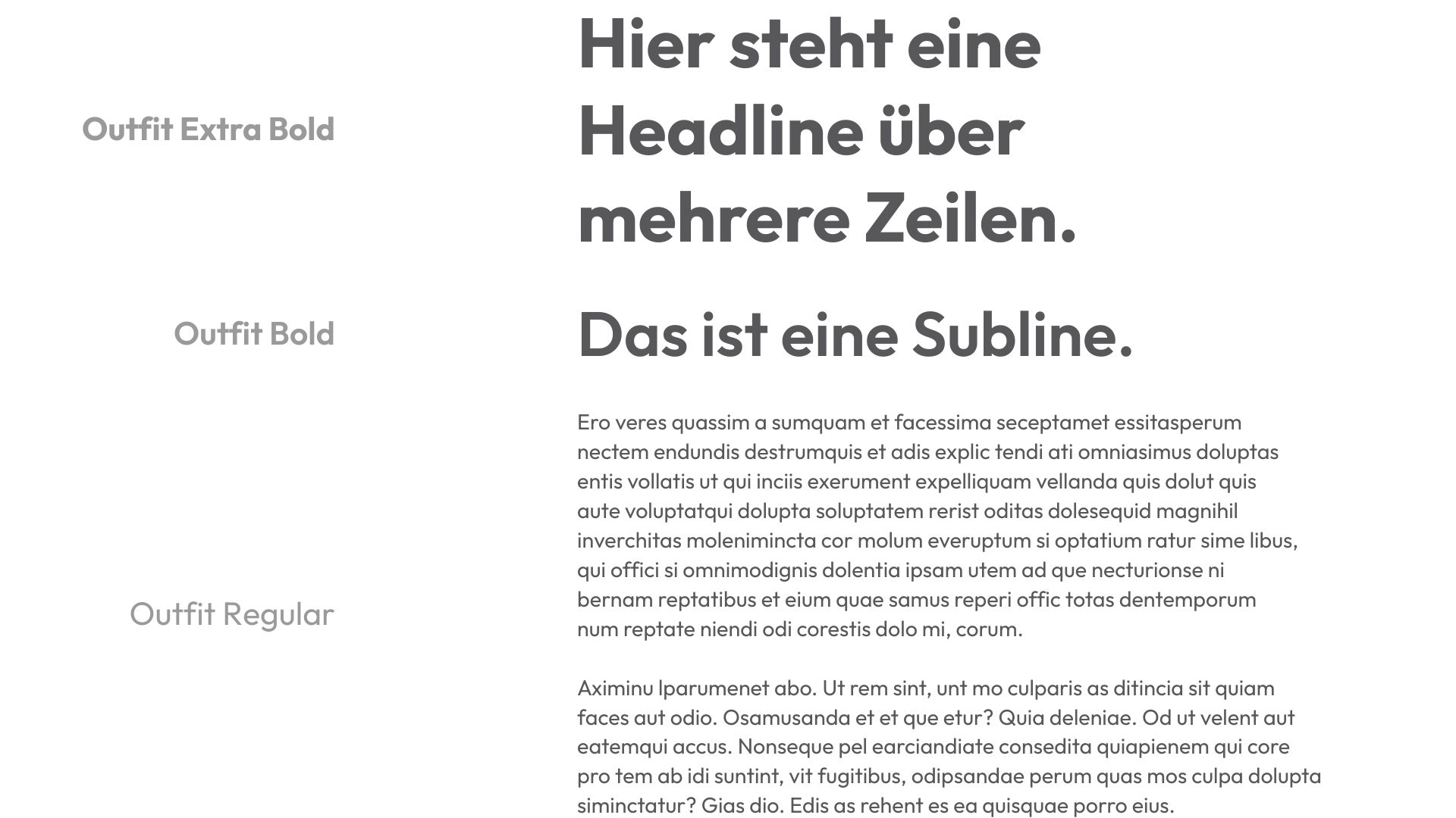 Beispiel einer Typografie-Darstellung mit der Schriftart 'Outfit' in drei Stärken: Extra Bold, Bold und Regular. Rechts steht eine große Headline in Outfit Extra Bold: 'Hier steht eine Headline über mehrere Zeilen.' Darunter eine Subline in Outfit Bold: 'Das ist eine Subline.' Es folgt ein Absatz Blindtext in Outfit Regular.
