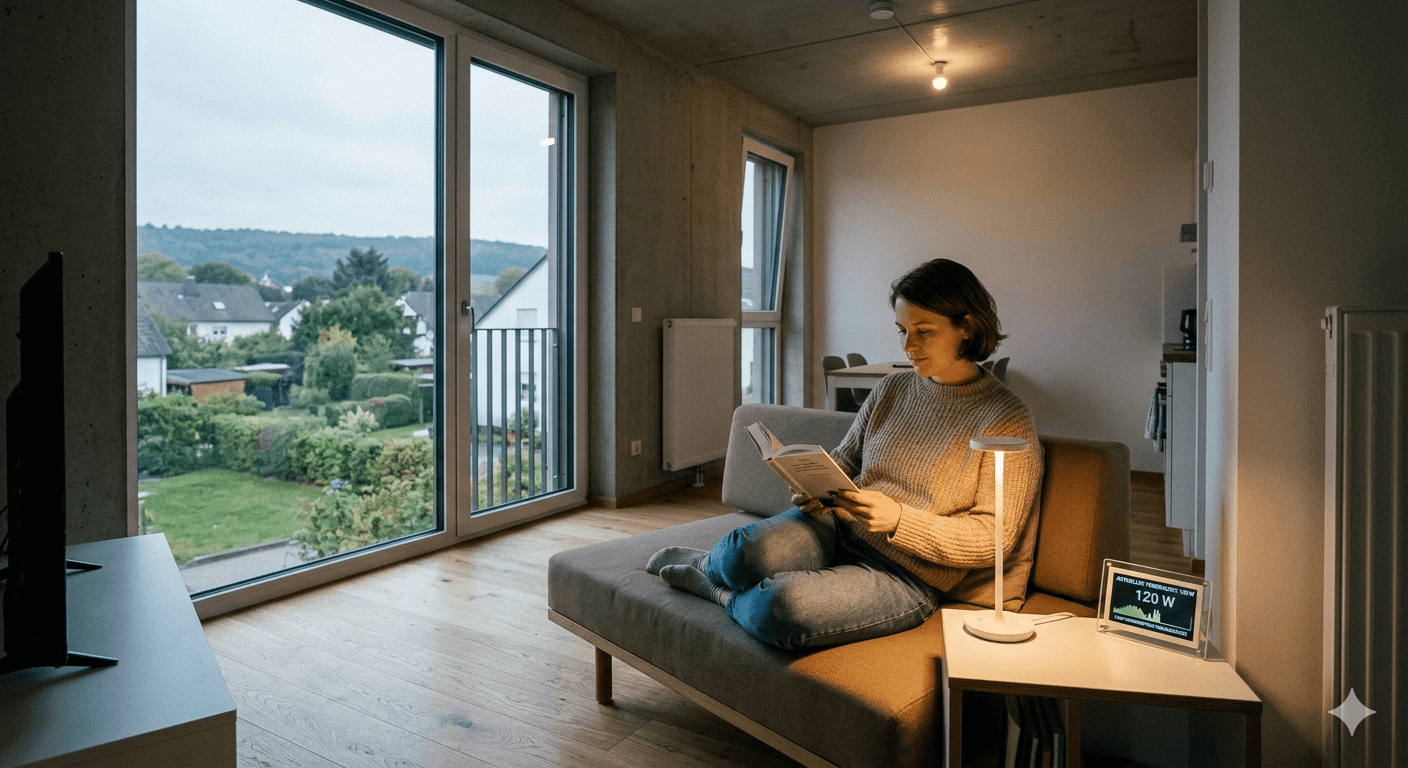Einzelperson in moderner Wohnung als Beispiel für niedrigen Stromverbrauch