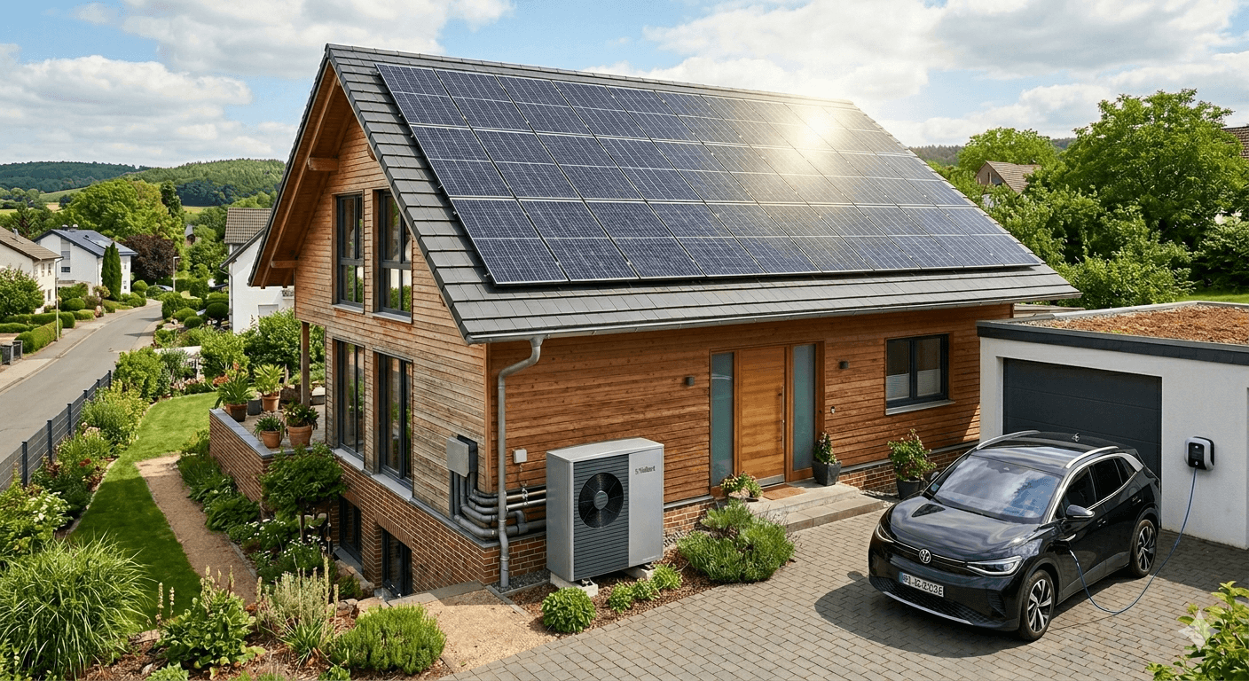 Einfamilienhaus mit Wärmepumpe, Wallbox und PV-Anlage als Beispiel für hohen Stromverbrauch