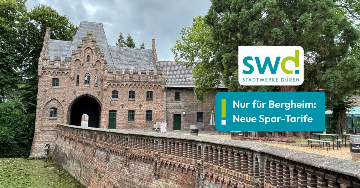 Schloss Paffendorf in Bergheim mit Backsteinfassade und Wassergraben; eingeblendet ist das Logo der Stadtwerke Düren und ein Hinweis auf neue exklusive Strom- und Gastarife für Bergheim.