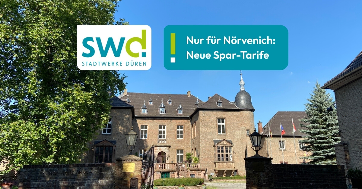 Schloss Nörvenich mit historischer Fassade und Vorplatz bei blauem Himmel; daneben Hinweis der Stadtwerke Düren auf neue exklusive Strom- und Gastarife für Nörvenich.
