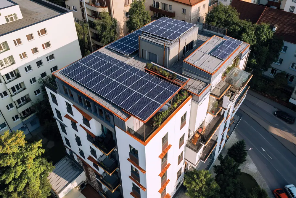 Draufsicht auf ein modernes Mehrfamilienhaus mit mehreren Flachdächern, die nahezu vollständig mit Photovoltaikmodulen belegt sind. Zusätzlich sind Dachterrassen mit Begrünung und Sitzbereichen integriert. Die Architektur wirkt neu und energieeffizient, vermutlich im urbanen Wohnumfeld.