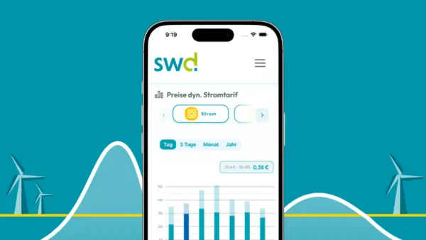 Ein Screenshot einer Smartphone-App mit dem Titel "Preise dyn. Stromtarif". Die App zeigt einen dynamischen Strompreisverlauf in einem Balkendiagramm für einen bestimmten Tag. Die Achse zeigt die Uhrzeit von 15:30 bis 17:00 Uhr, und die Y-Achse zeigt Euro-Werte von 0 bis über 50. Ein hervorgehobenes Feld zeigt "15:45 - 16:00 | 0,38 €". Im Hintergrund ist eine stilisierte blaue Landschaft mit Windrädern und einer gelben, wellenförmigen Linie, die den Strompreis symbolisiert, zu sehen. Die App stammt vom Anbieter SWD.