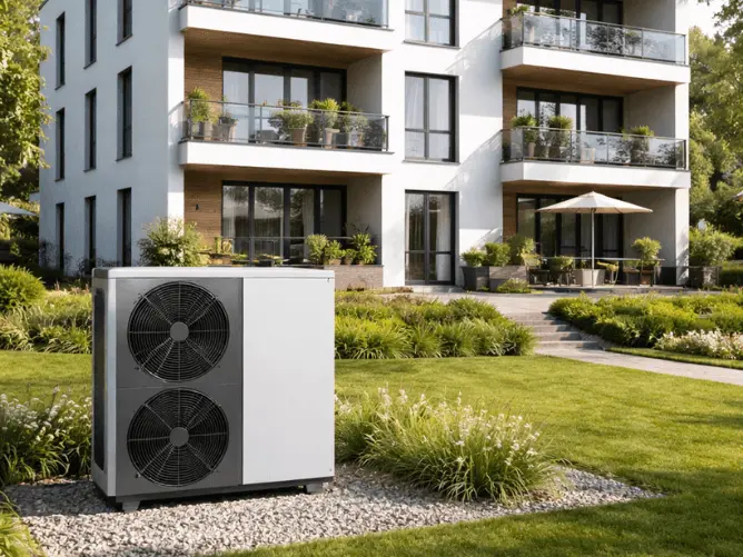 Wärmepumpe vor einem Mehrfamilienhaus
